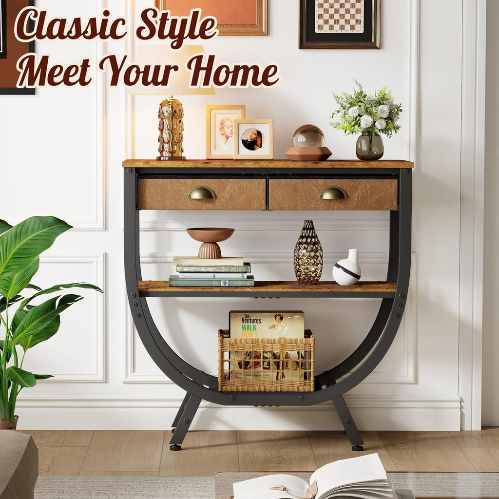 Narrow Console Table with 2 Fabric Drawers, 3-Tier Entryway Table with Metal Frame & Wooden Top, Modern Sofa Table for Hallway, Living Room & Foyer