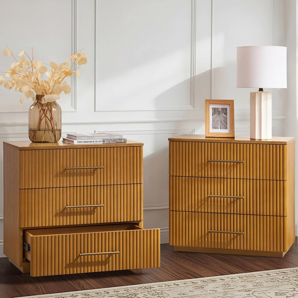 3 Drawer Nightstand with Charging Station, Fluted Wood Bedside Table with USB & Power Outlet