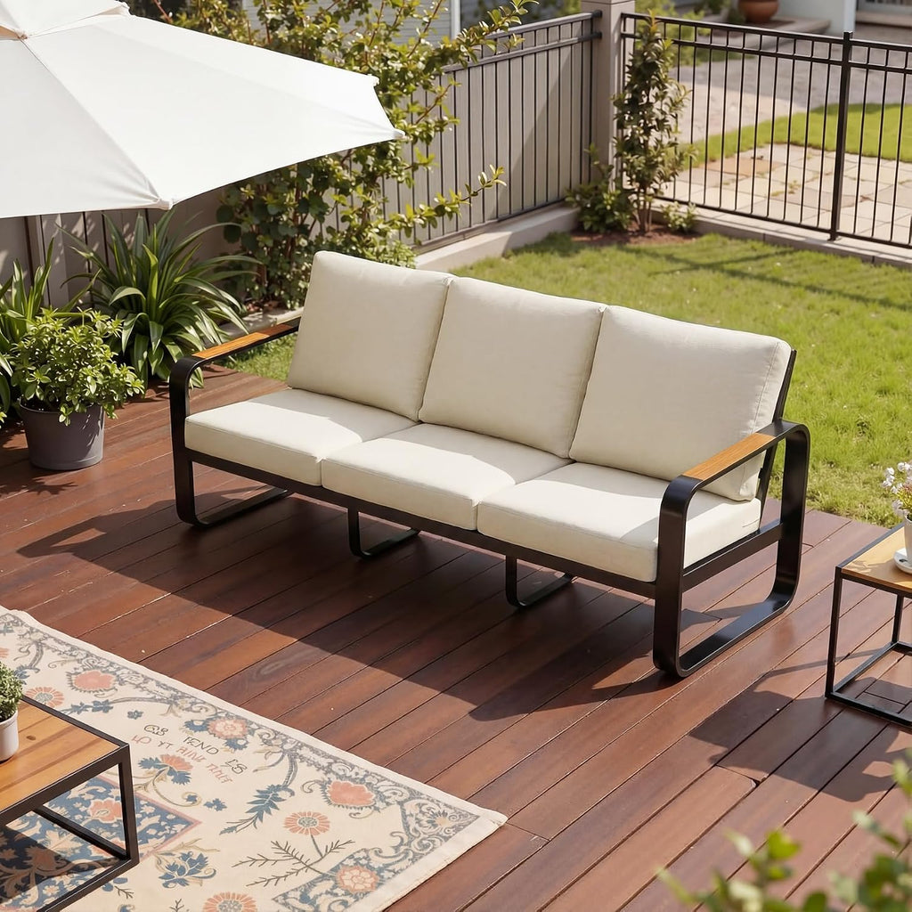 3-Seater Outdoor Patio Sofa, Metal Frame Couch with Thick Cushions & Wood Grain Armrests, Modern Weather-Resistant Outdoor Furniture for Patio, Garden & Backyard