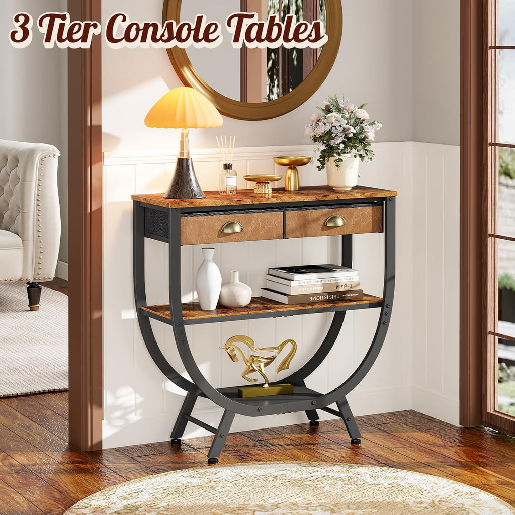 Narrow Console Table with 2 Fabric Drawers, 3-Tier Entryway Table with Metal Frame & Wooden Top, Modern Sofa Table for Hallway, Living Room & Foyer
