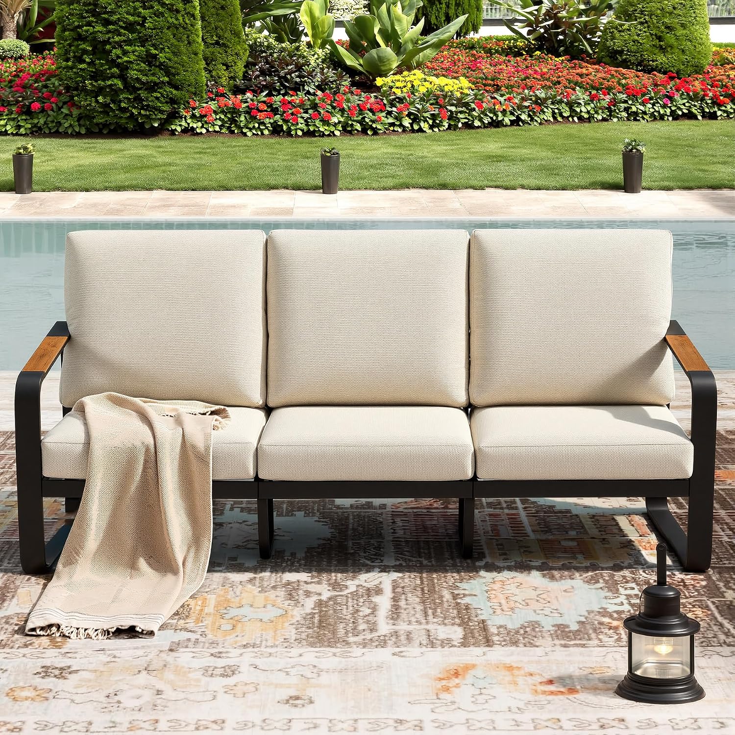 3-Seater Outdoor Patio Sofa, Metal Frame Couch with Thick Cushions & Wood Grain Armrests, Modern Weather-Resistant Outdoor Furniture for Patio, Garden & Backyard