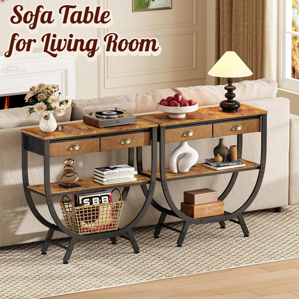Narrow Console Table with 2 Fabric Drawers, 3-Tier Entryway Table with Metal Frame & Wooden Top, Modern Sofa Table for Hallway, Living Room & Foyer
